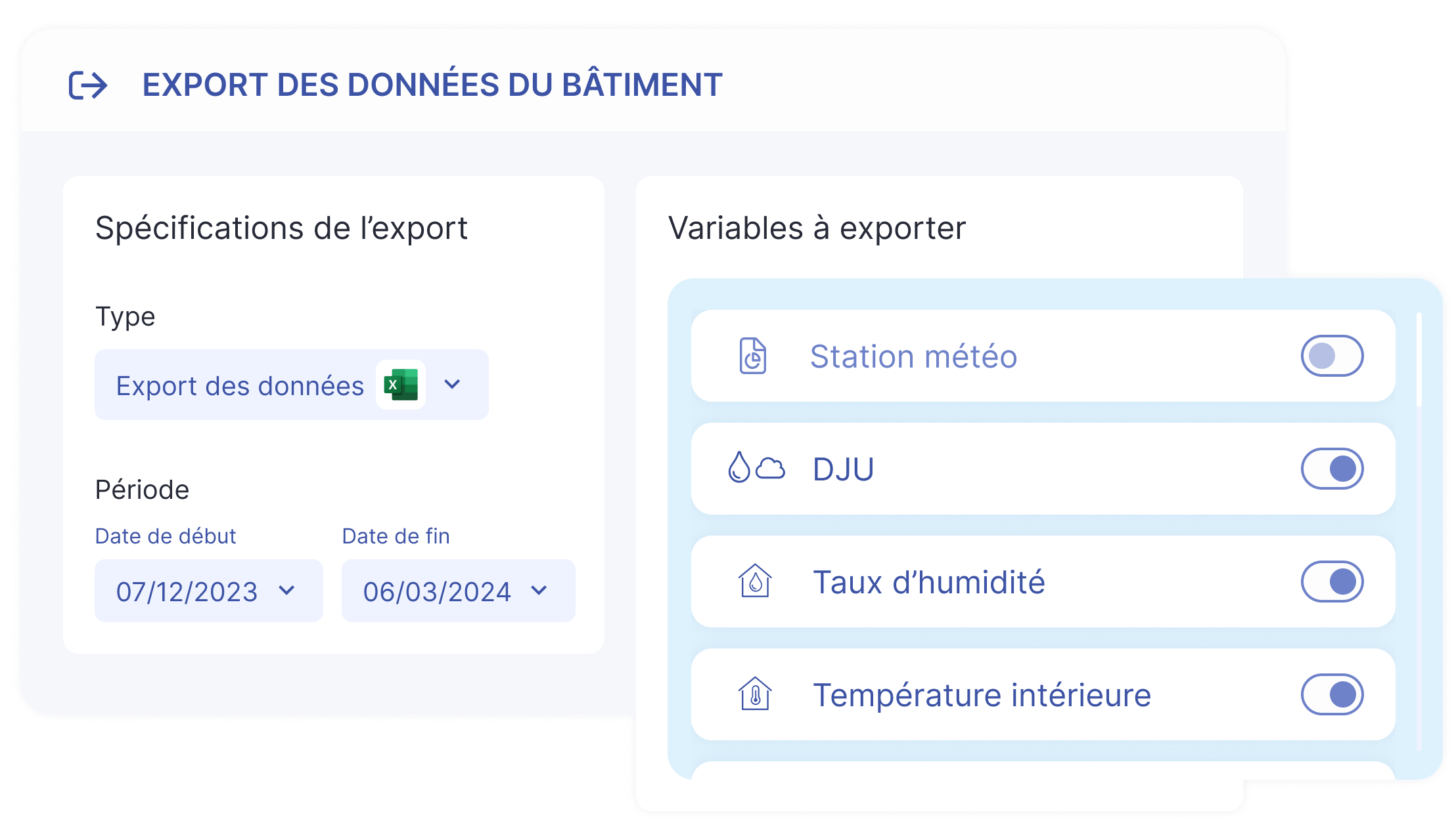 Export des données d'un bâtiment depuis Homeys, avec DJU, taux d'humidité et température intérieure
